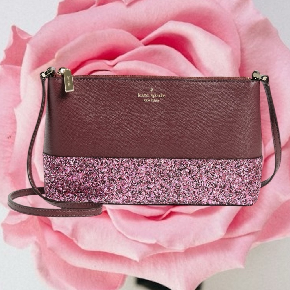 Kate Spade crossbody bag Metallic burgundy glitter purse zip closure $279 new